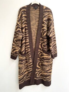 Ann Taylor open front duster cardigan sweater brown tan tiger zebra print small